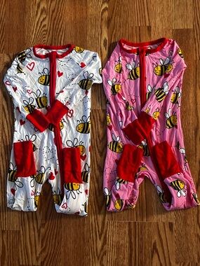 Little Sleepies Bee Print Red-Trim Pajama Set - White & Pink